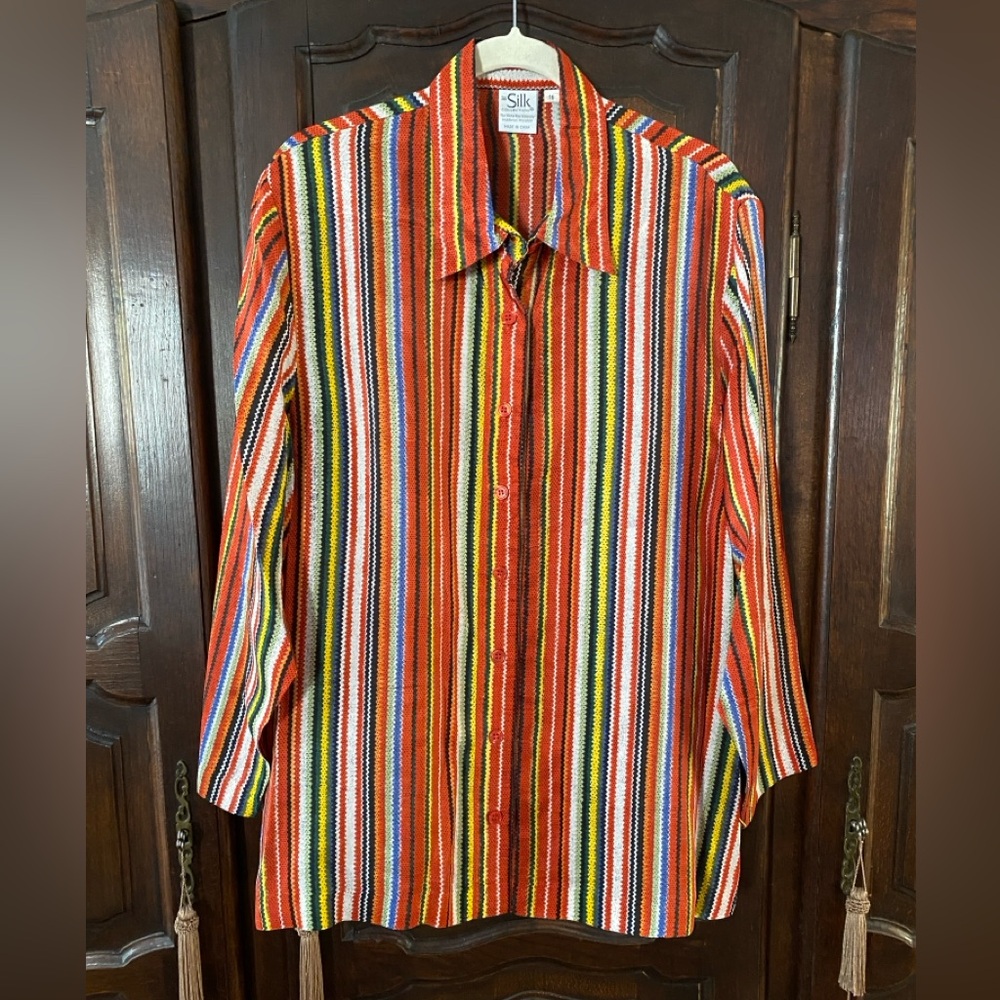 Colorful Silk vertical striped blouse button front slits at bottom hem